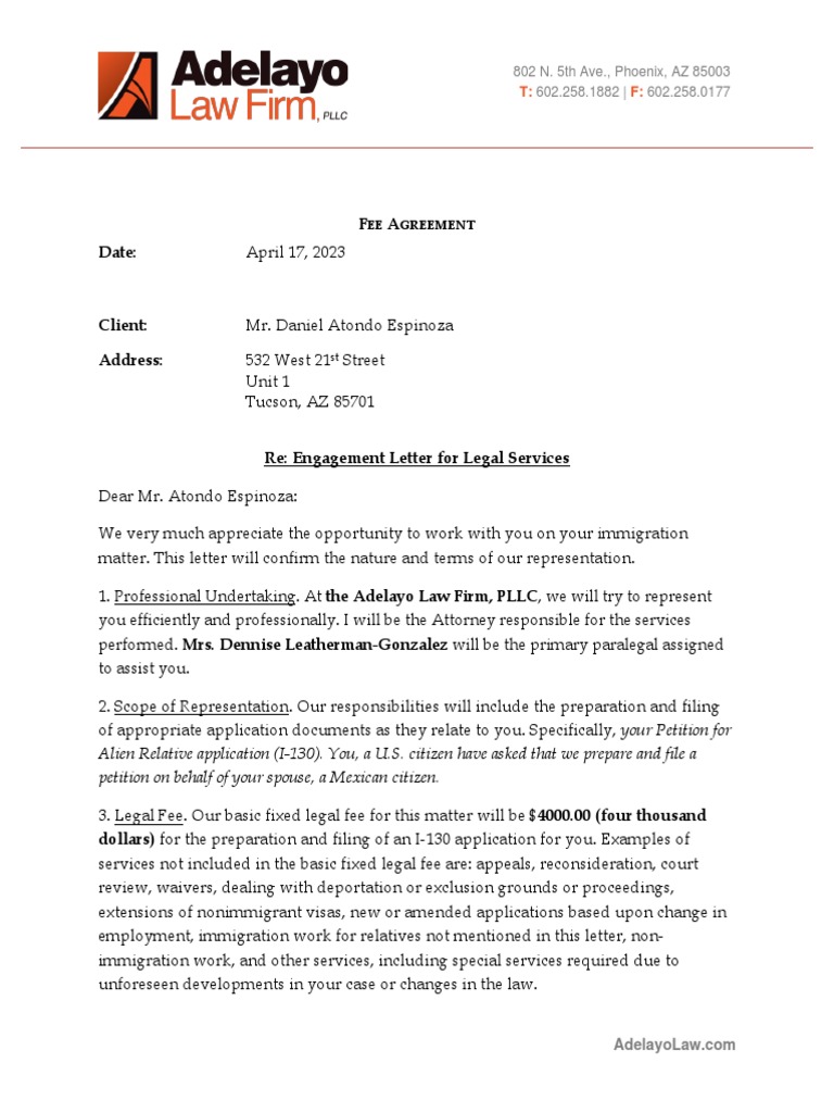 2023 Petition For Alien RelativeI130 Fee Agreement PDF AttorneyClient Privilege Lawyer