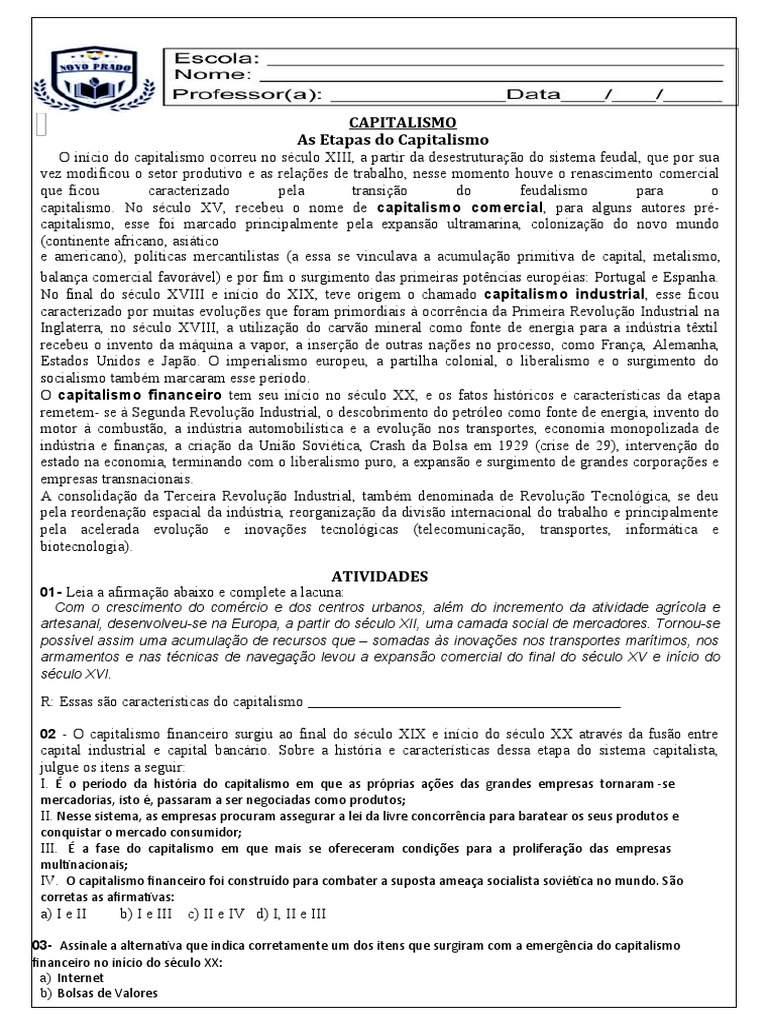 Atividade Capitalismo 9a 9B 23 | PDF | Capitalismo | Europa