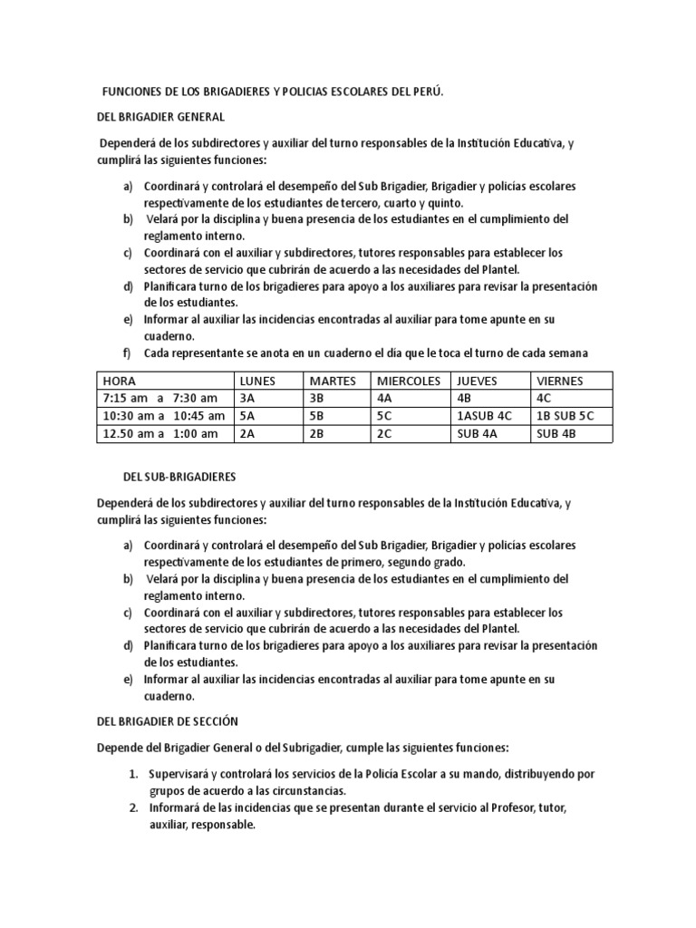 Funciones de Brigadieres Escolares en Perú | PDF | Primeros auxilios ...