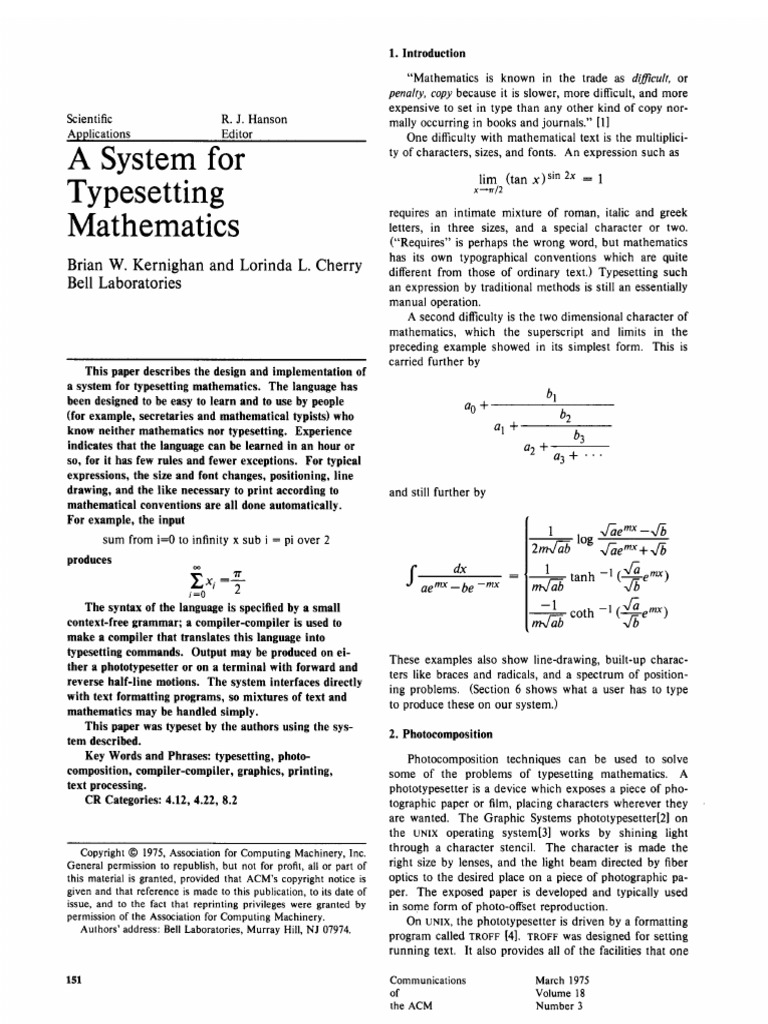 A System For Typesetting Mathematics by Kernighan and Cherry | PDF ...