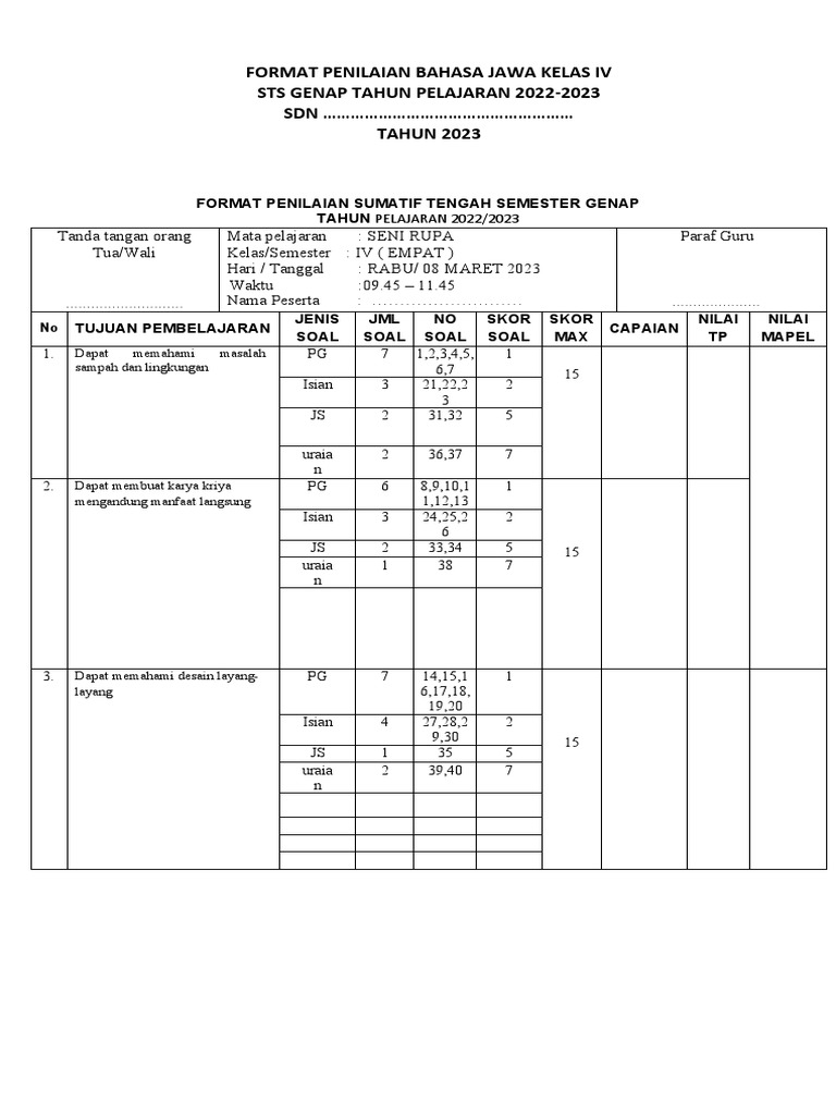 Format Penilaian STS Kelas IV 2023 | PDF