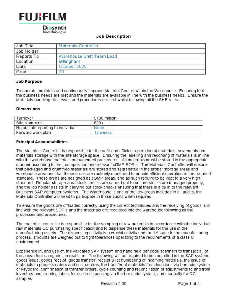 Materials Controller Job Spec PDF Barcode Warehouse
