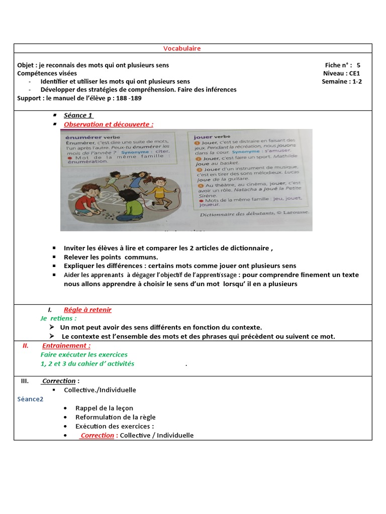 Les Différents Sens D un Mot Ce1 Exercices Pdf Vocabulaire Je Reconnais Des Mots Qui Ont Plusieurs Sens | PDF