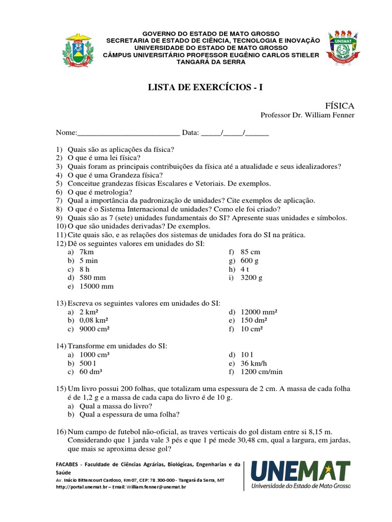 Lista de Exercícios de Física - UNEMAT | PDF | Pé (unidade de medida ...