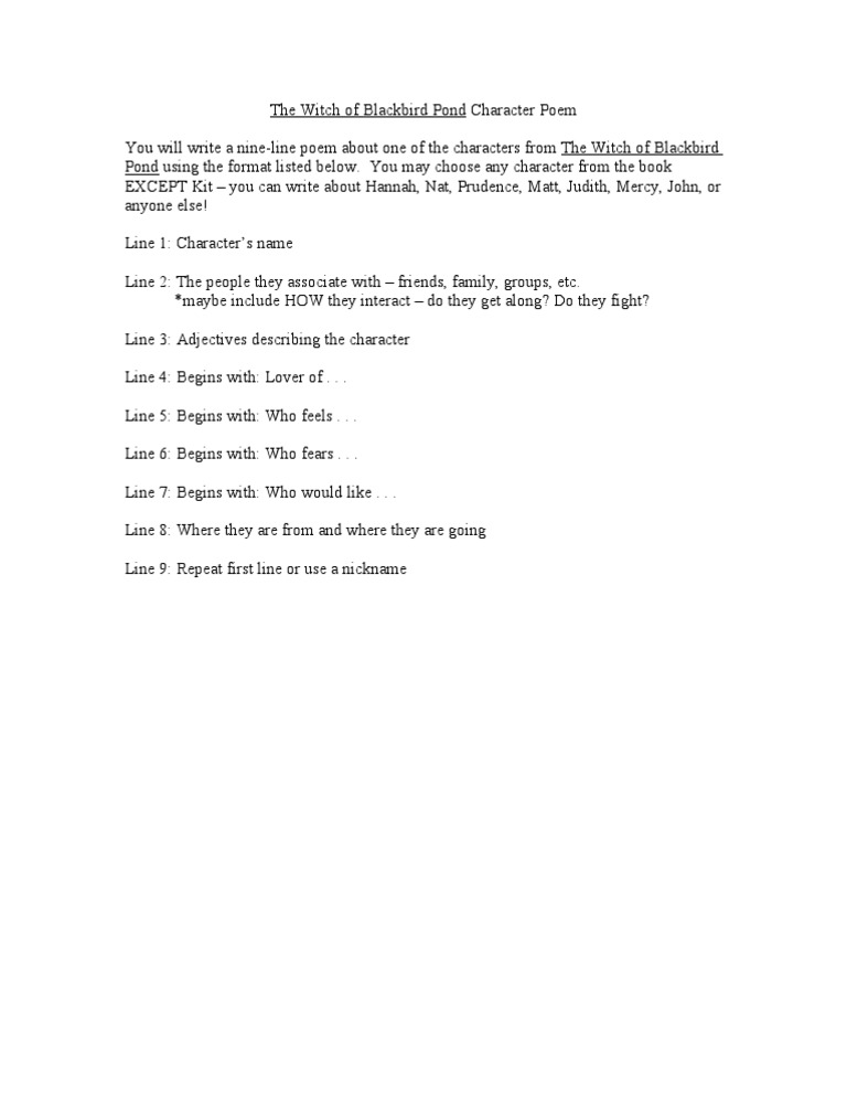 Witch of Blackbird Pond Character Poem