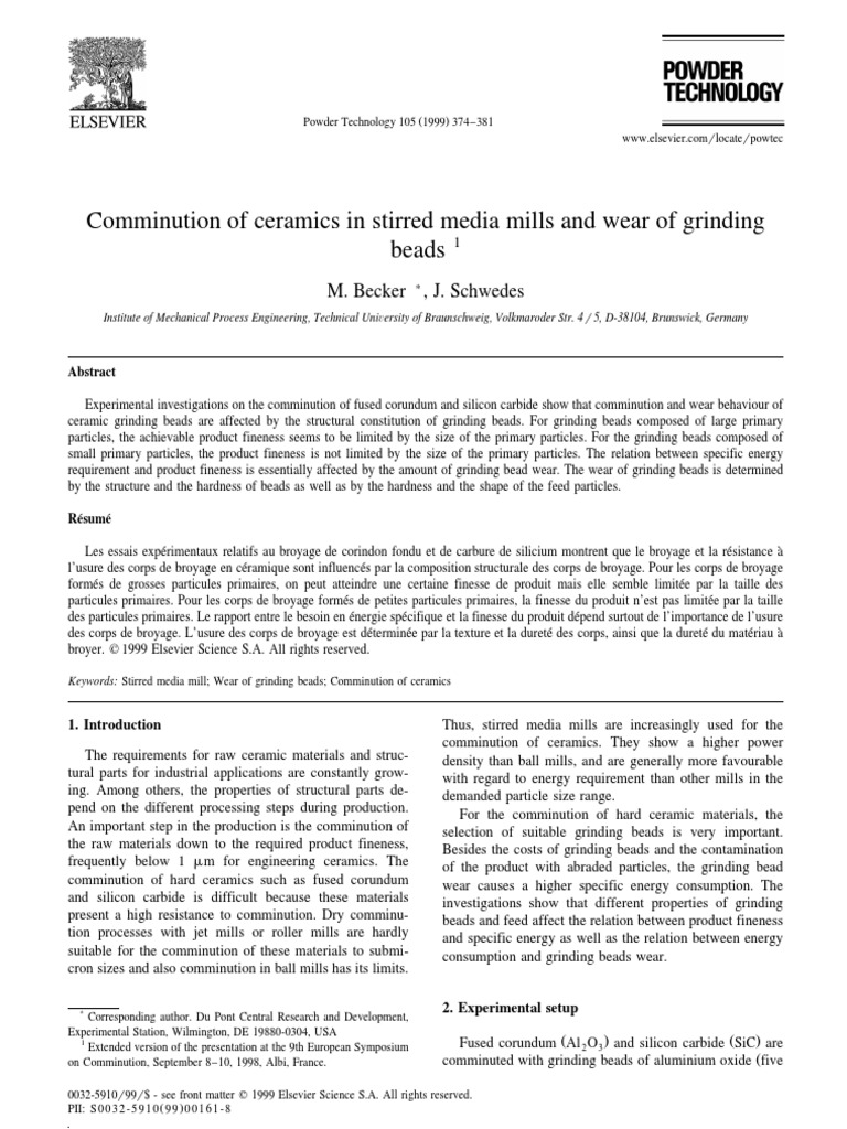 Comminution Of Ceramics In Stirred Media Mills And Wear Of Pdf Wear