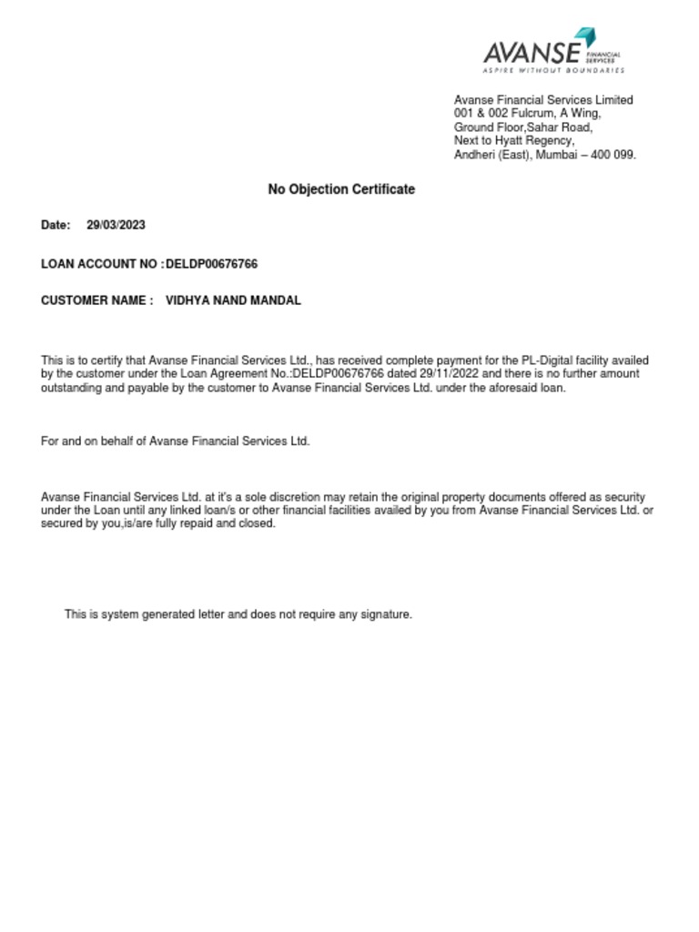 avanse-financial-services-noc-certificate-pdf