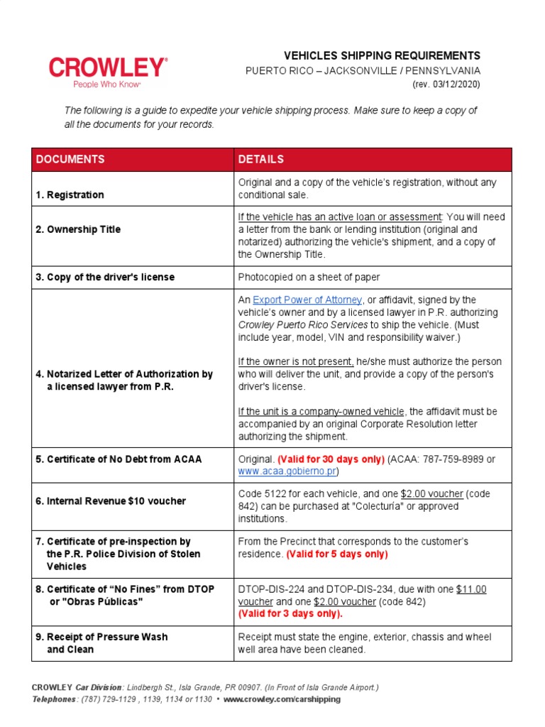 Vehicles Shipping Requirements PR Us PDF Insurance Cargo