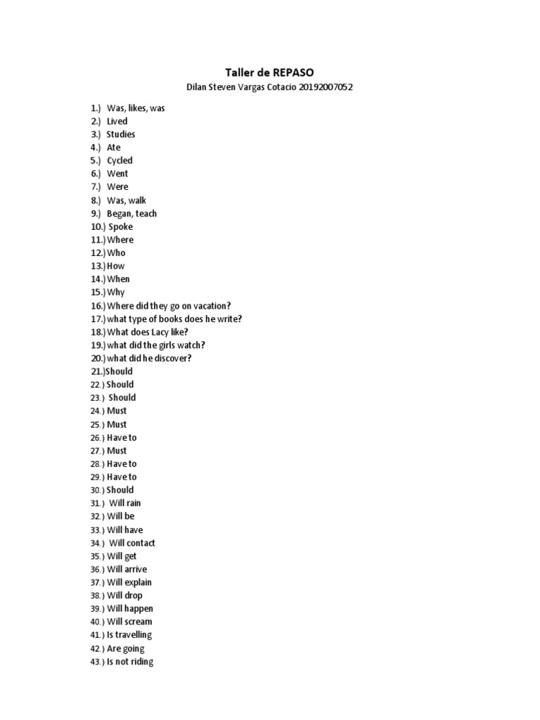 Taller de Repaso: Grammar Review | PDF