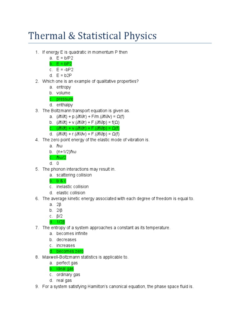 Thermal and Statistical Physics MCQs | PDF | Temperature | Gases