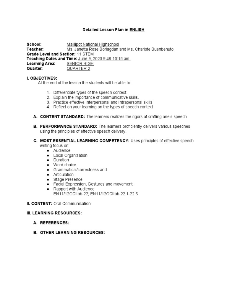 Detailed Lesson Plan for Speech Contexts | PDF