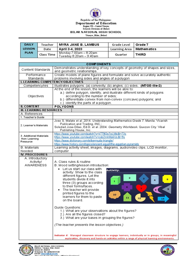 Cot Lesson Plan Math7 Polygons | PDF | Polygon | Vertex (Geometry)