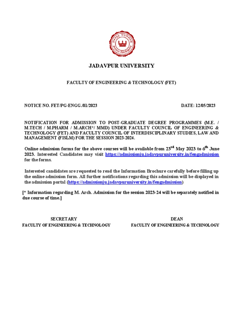 JU PG Engineering Admission Notice 2023 | PDF