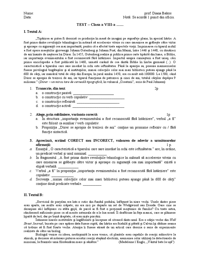 Test Cls 8 Constructii Verbale | PDF