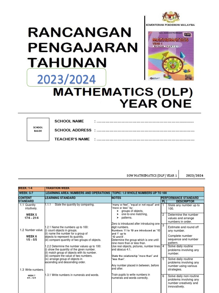 Rpt Math Dlp Year 1 2023 2024 Pdf Shape Numbers