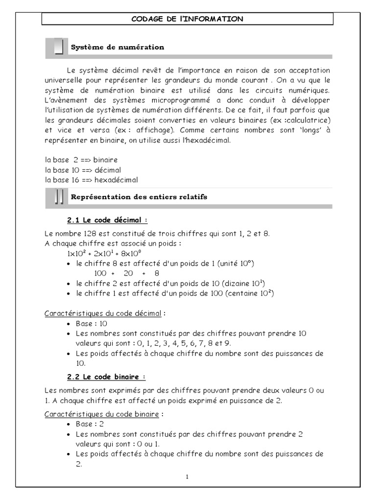 Systèmes de codage numérique | PDF | Décimal codé binaire ...