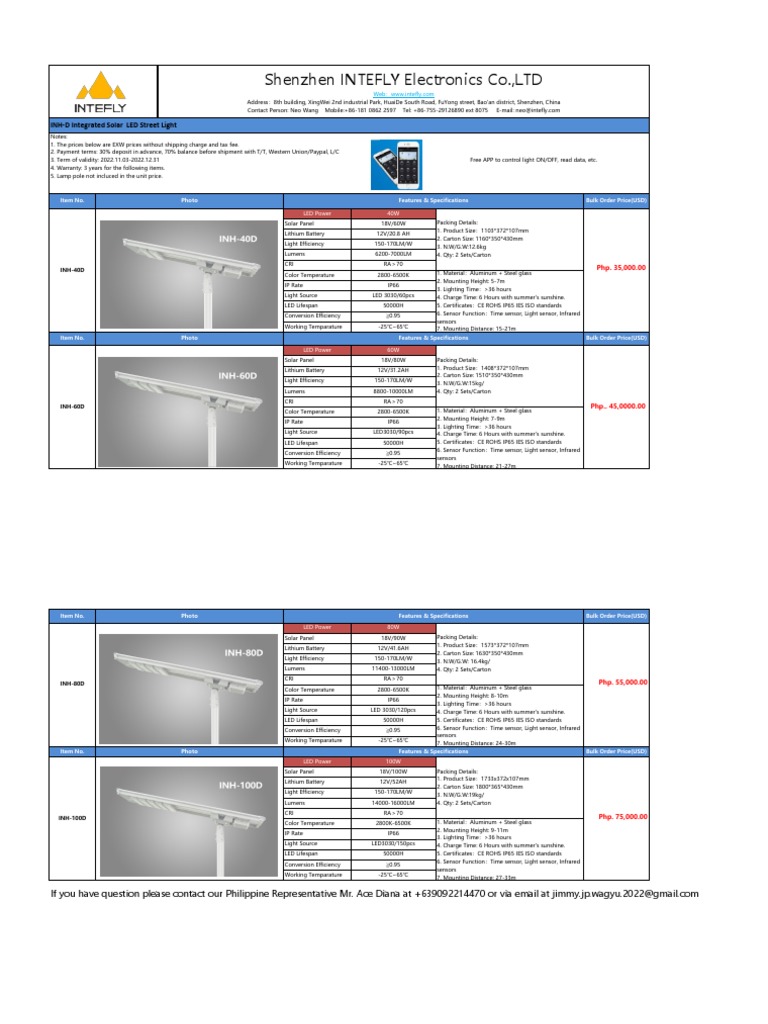 INTEFLY Quotation of INH-D Integrated Solar LED Street Light | PDF ...