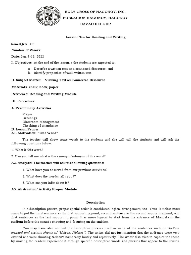 Lesson Plan: Descriptive Writing Skills | PDF | Definition | Word