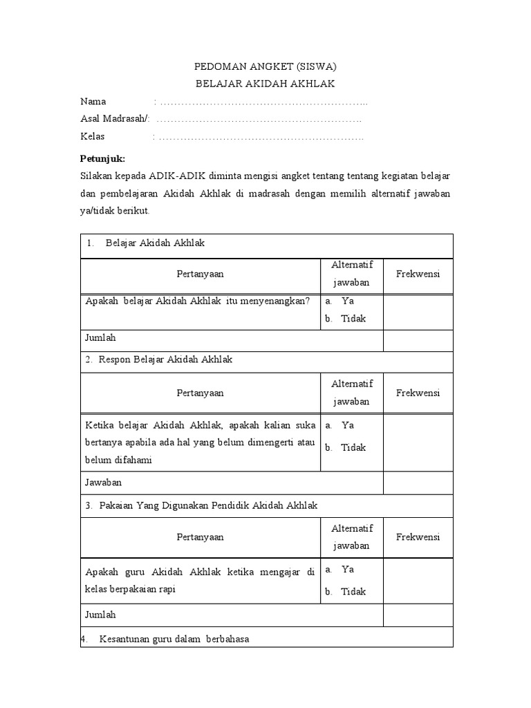 Pedoman Angket Belajar Akidah Akhlak | PDF | Karier & Perkembangan ...