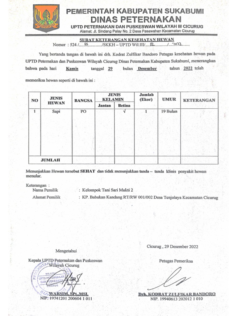 Surat Keterangan Hewan | PDF