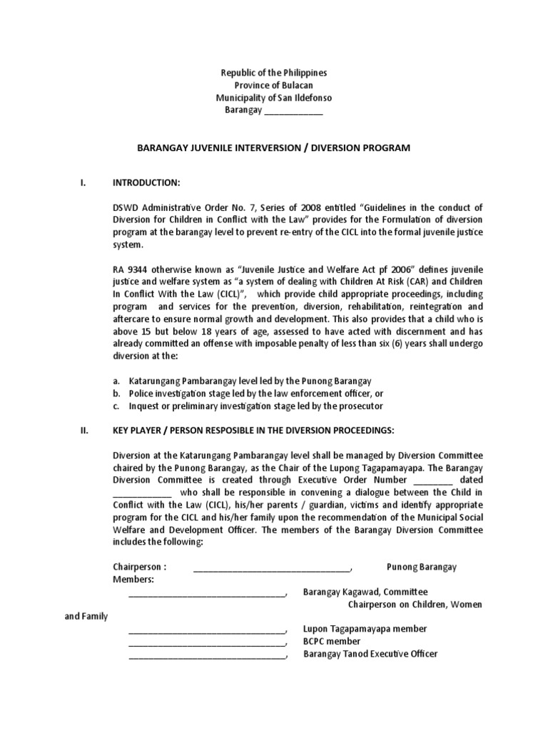 Barangay Juvenile Intervention Diversion Program PDF Parenting