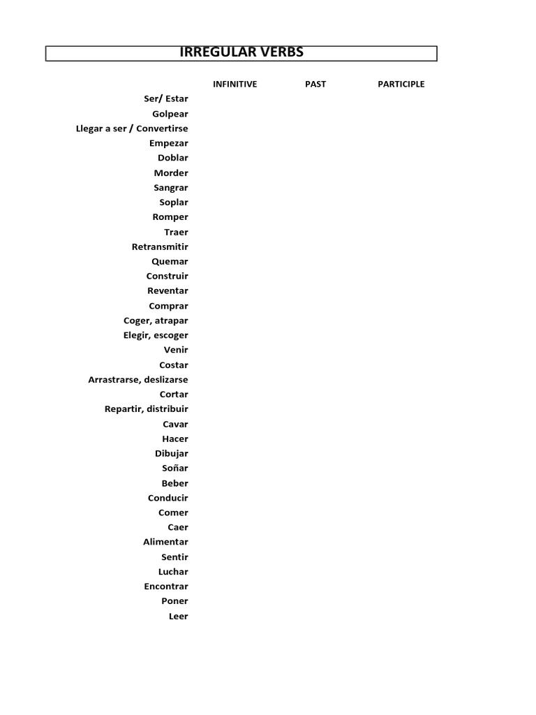 Irregular Verbs Def Rellenar PDF