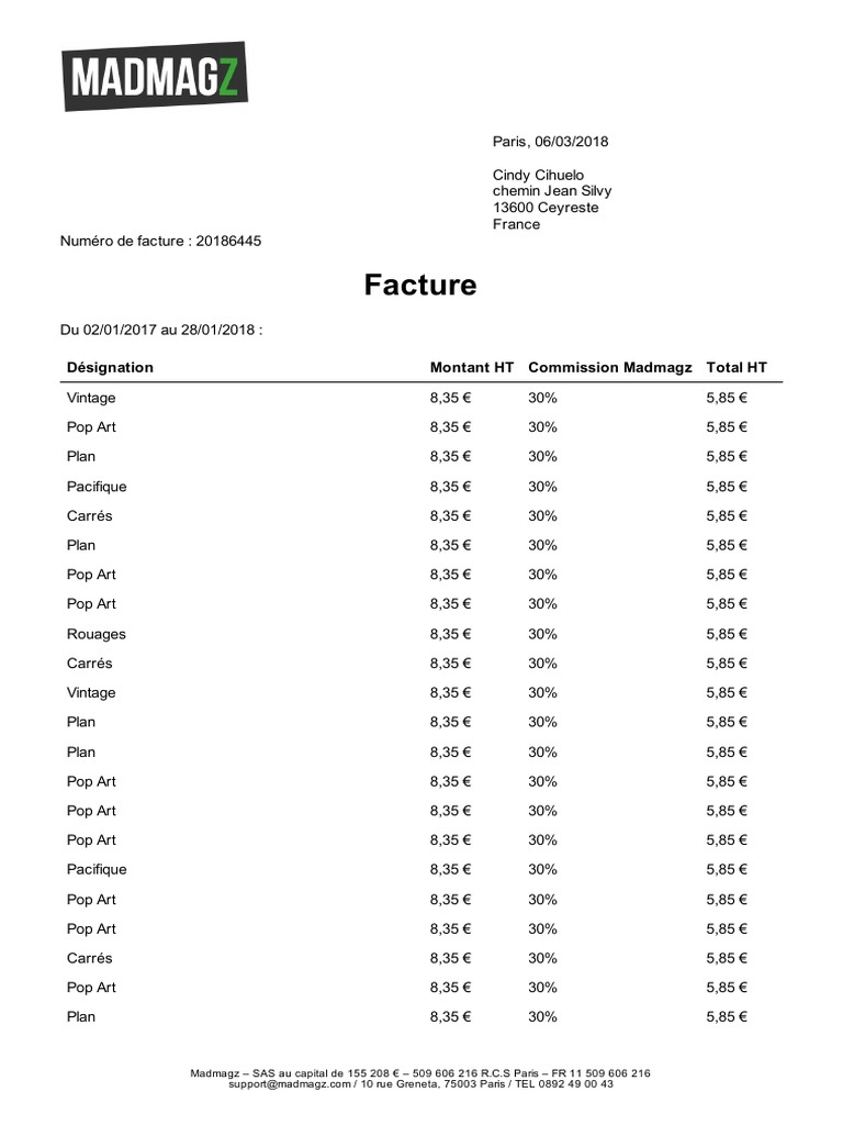 Facture: Désignation Montant HT Commission Madmagz Total HT | PDF