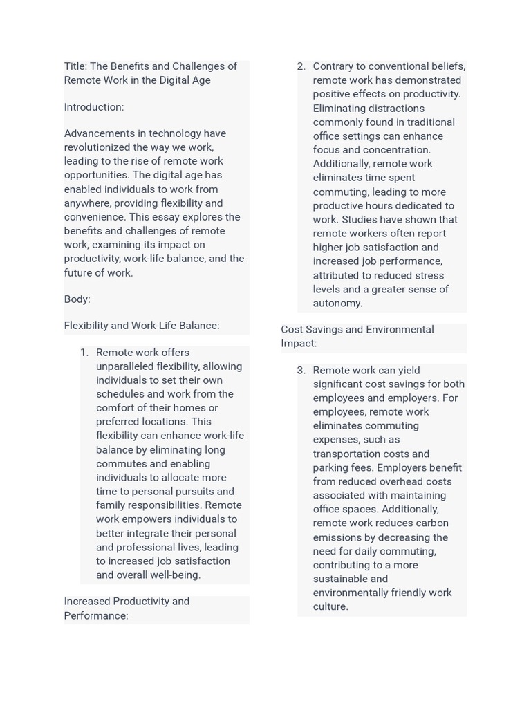 The Benefits and Challenges of Remote Work in The Digital Age | PDF ...