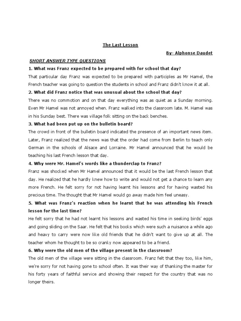 The Last Lesson Notes PDF Teachers Literacy