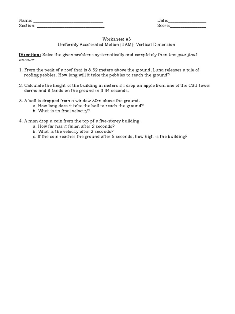 Worksheet 3 Vertical Motionssc Pdf