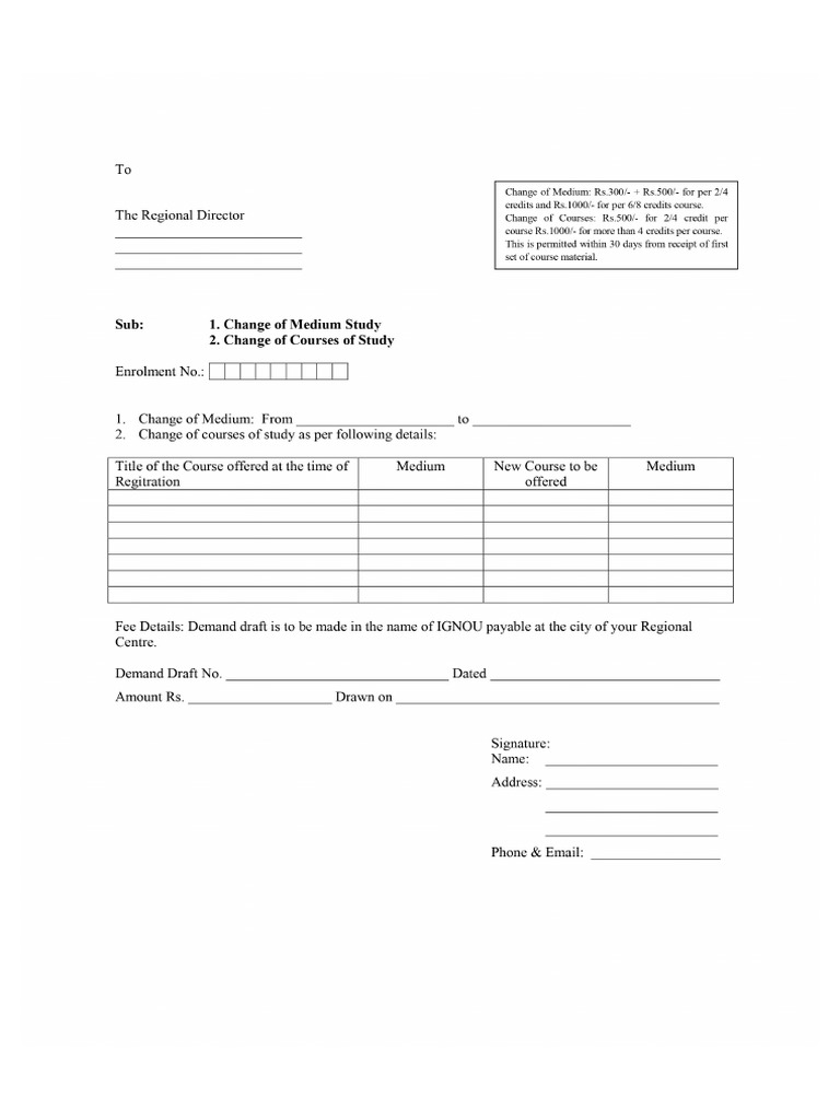 IGNOU Form For Change of Medium Course of Study | PDF