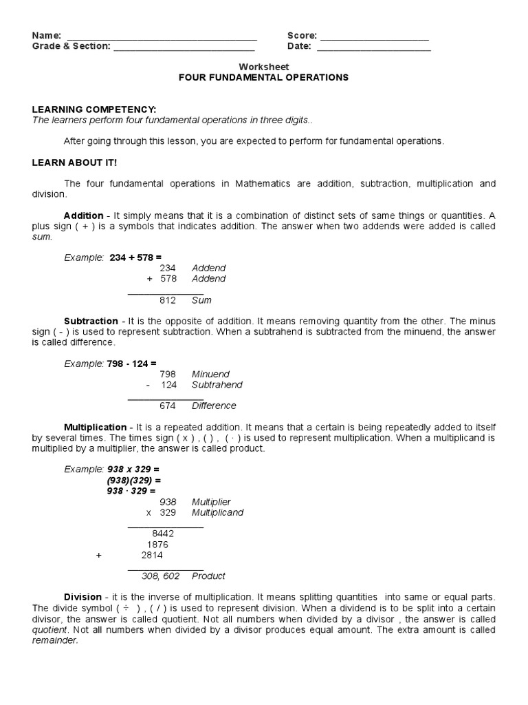 Week2 worksheet perform basic operations pdf subtraction abstract