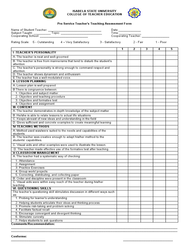 Pre Service Teachers Teaching Assessment Form | PDF | Teachers