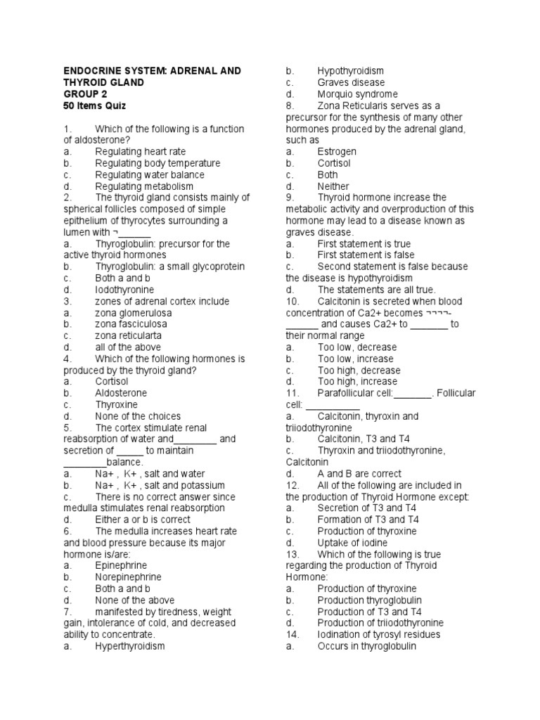 Endocrine System Quiz PDF Adrenal Gland Thyroid
