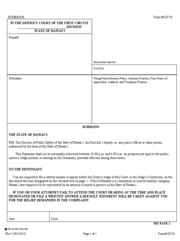 Hawai‘i District Court Summons Form | PDF | Courtroom | Justice