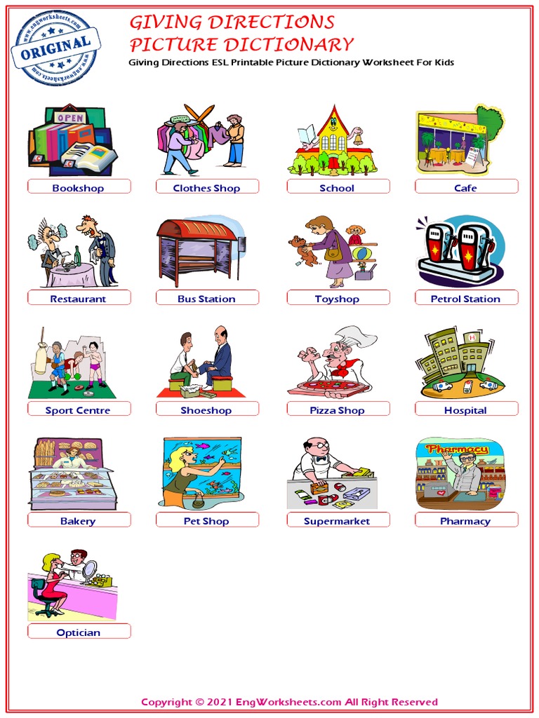 Giving Directions Esl Printable Picture Dictionary Worksheet For Kids ...