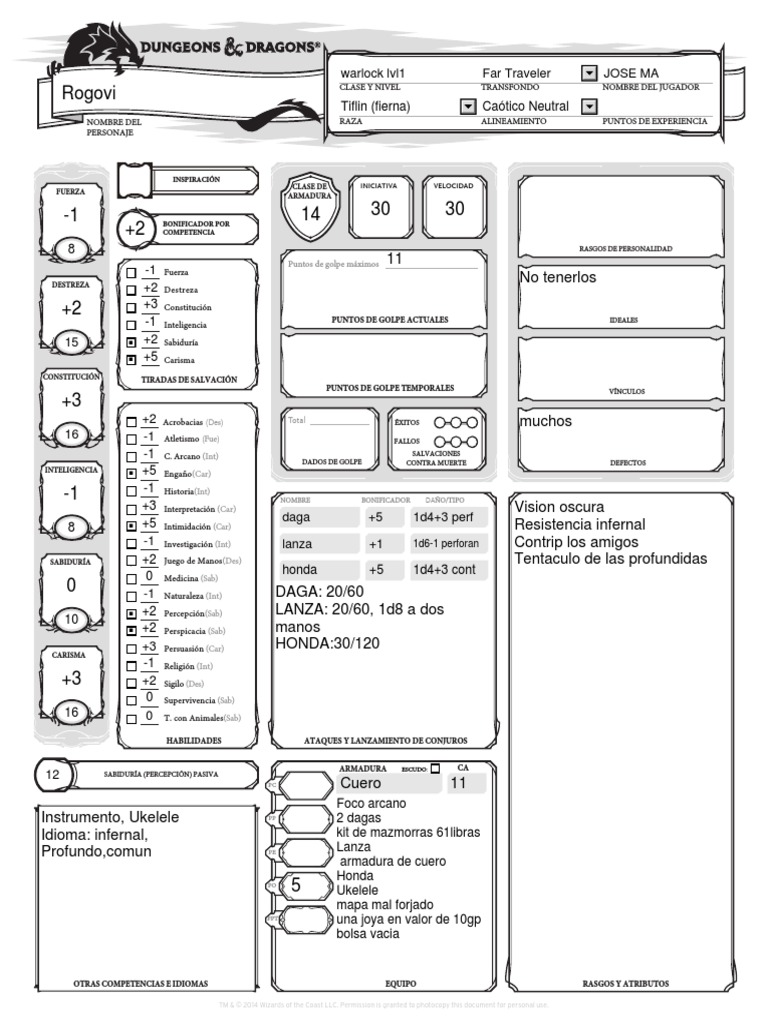 Hoja de personaje: Rogovi, Brujo Nivel 1 | PDF | Juegos de rol