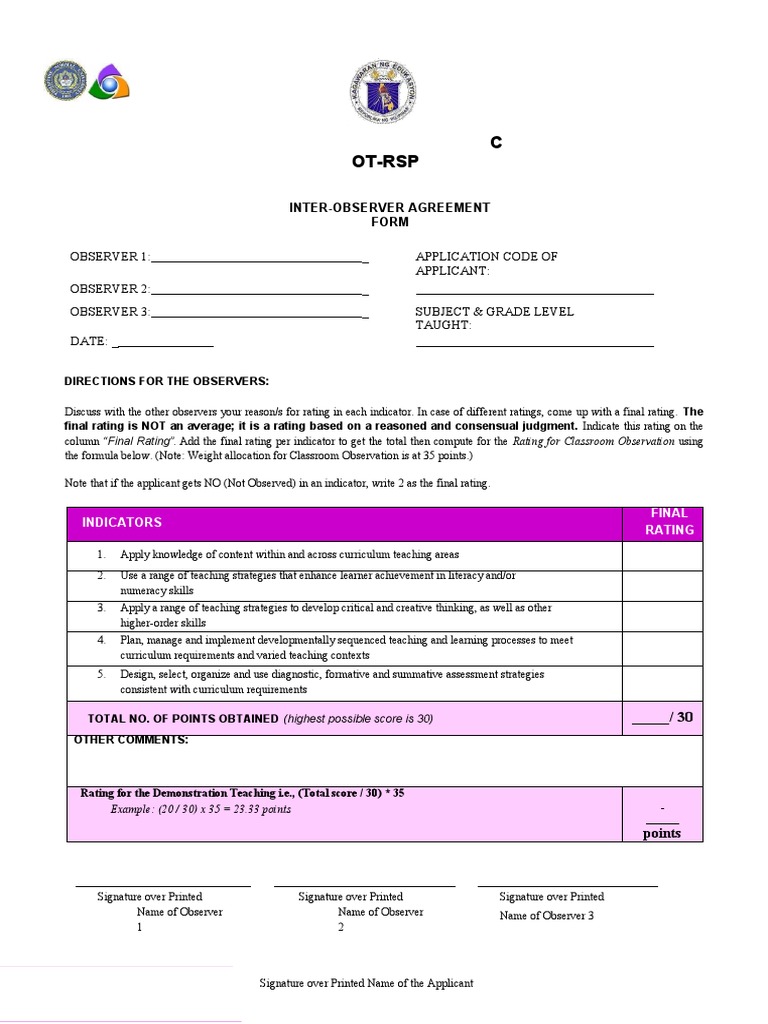 COT-RSP Inter-Observer Agreement Form | PDF | Curriculum | Educational ...