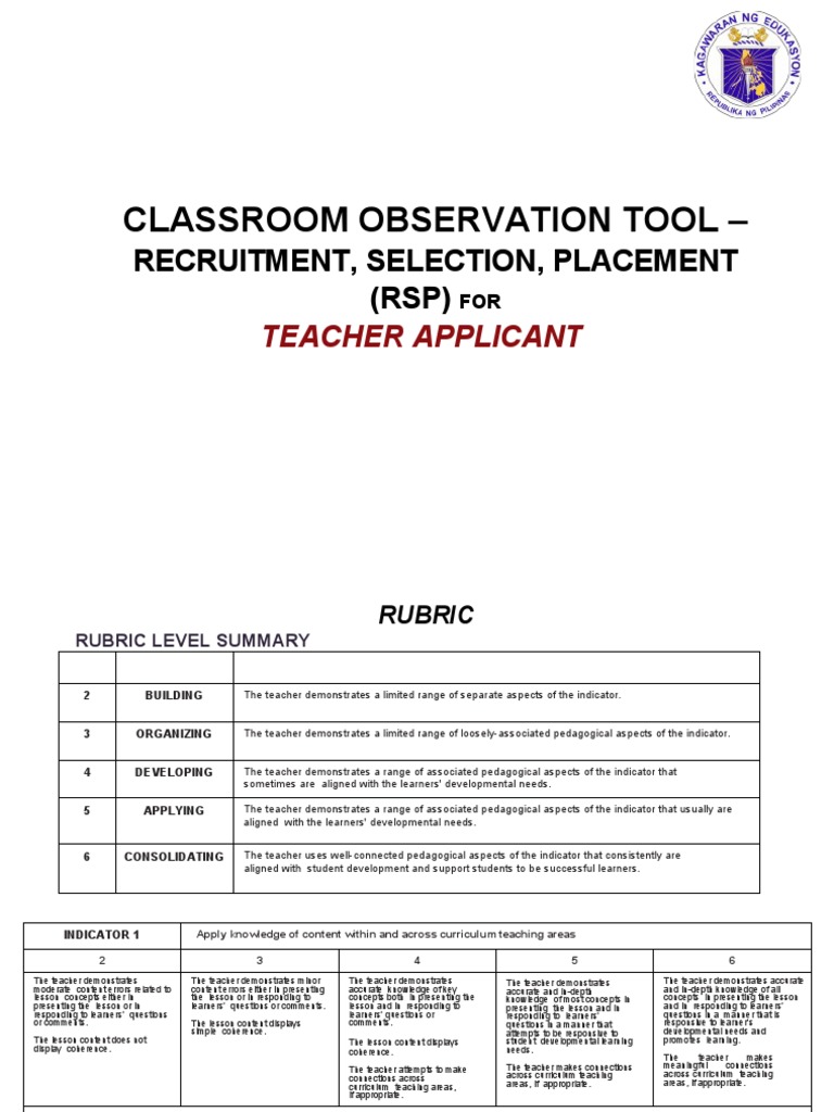 COT-RSP Rubric for Teacher Applicants | PDF | Educational Assessment ...