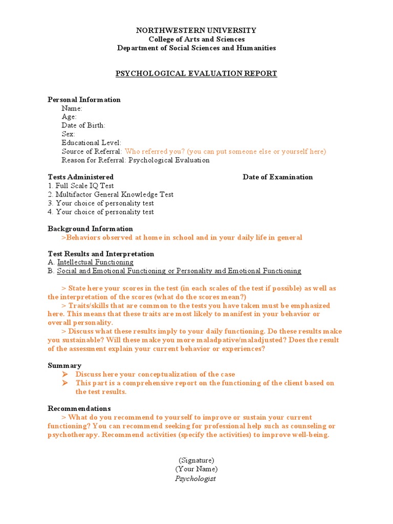 Psychological Evaluation Report Template 2021 PDF