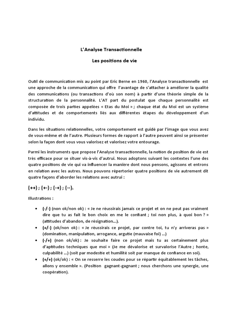 Positions de vie en analyse transactionnelle | PDF | Psychologie