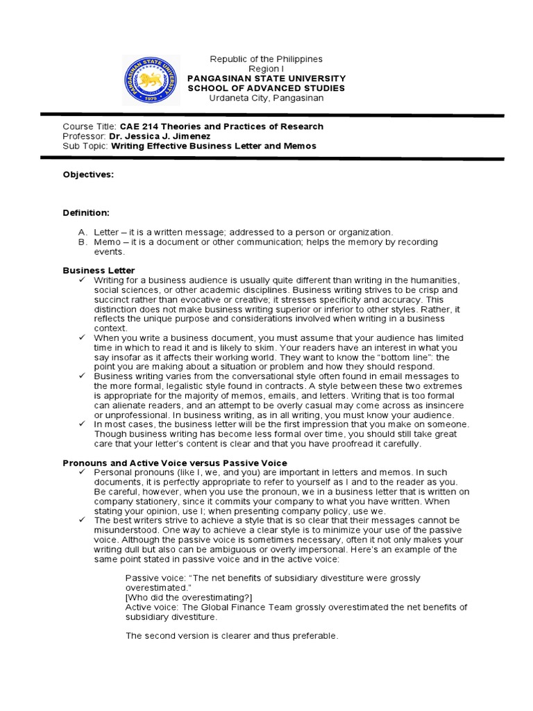 Writing Business Letter and Memo | PDF | Memorandum | Writing