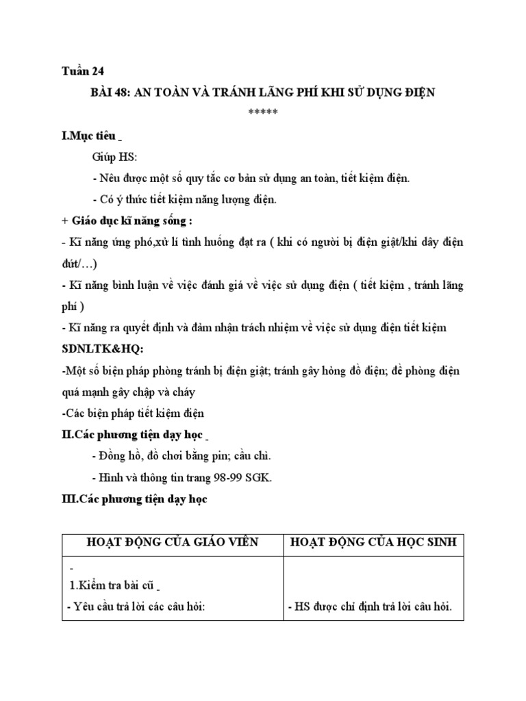 Giao An Khoa Hoc 5 Bai 48 An Toan Va Tranh Lang Phi Khi Su Dung Dien