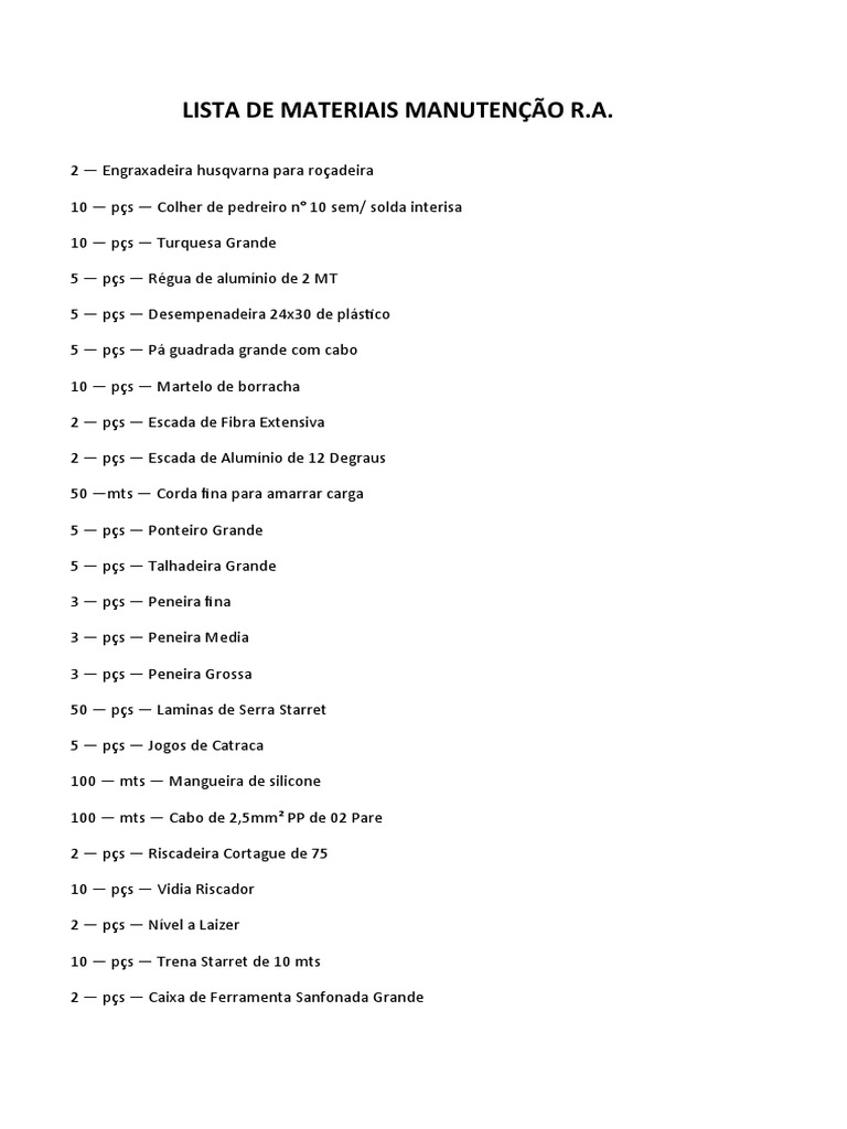 Lista de Materiais Manutenção R | PDF | Materiais de construção ...