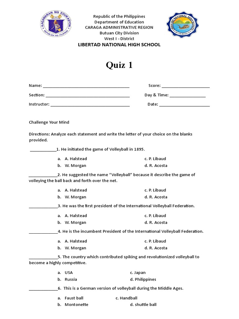 Quiz 1 PDF Volleyball Sports
