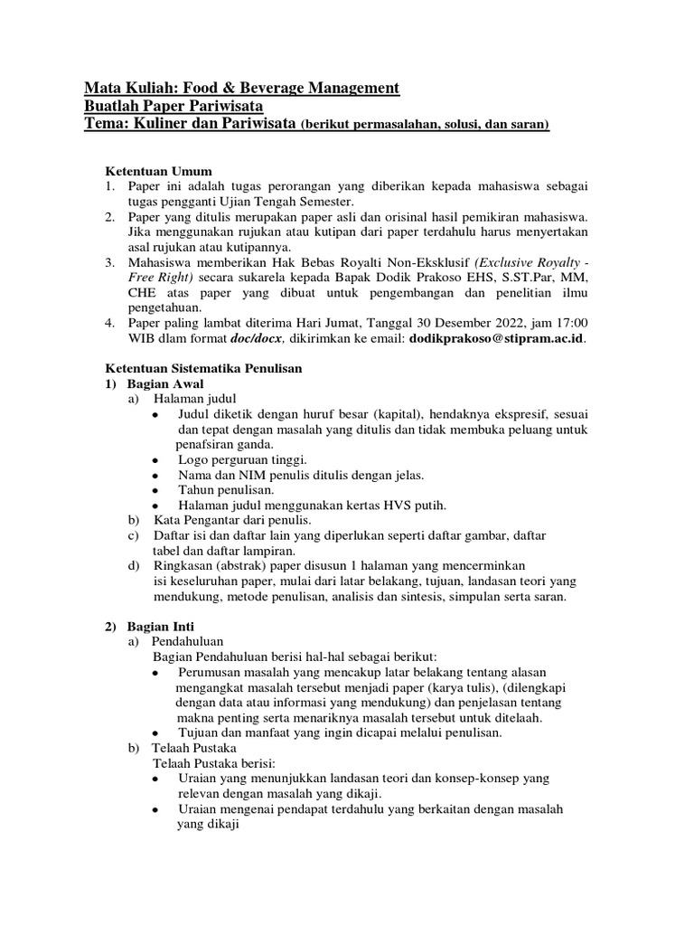 Panduan Penulisan Paper F&B Management | PDF