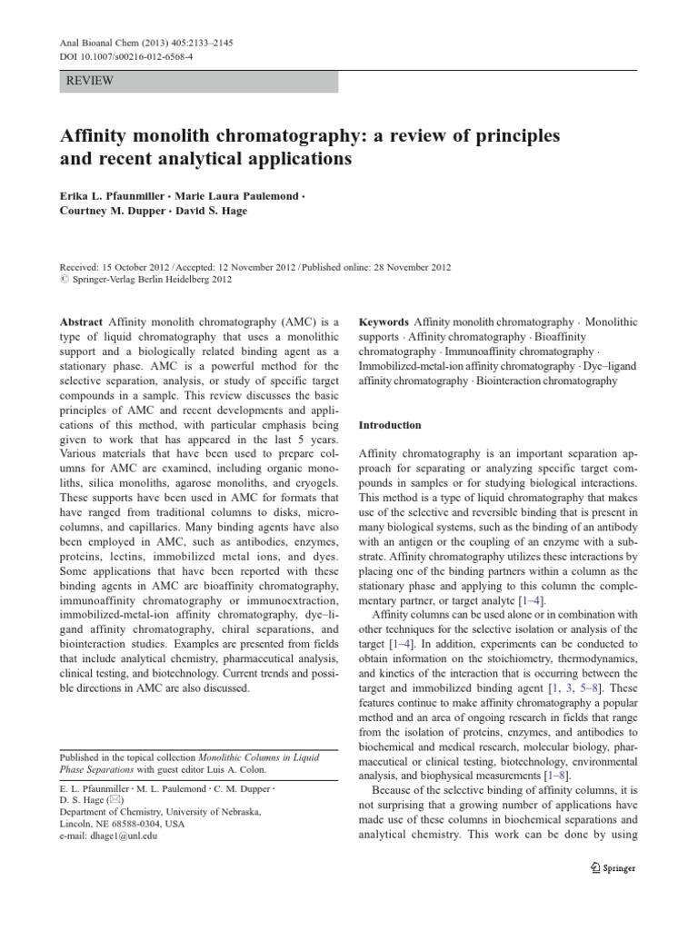 Affinity Monolith Chromatography A Review of Principles and Recent