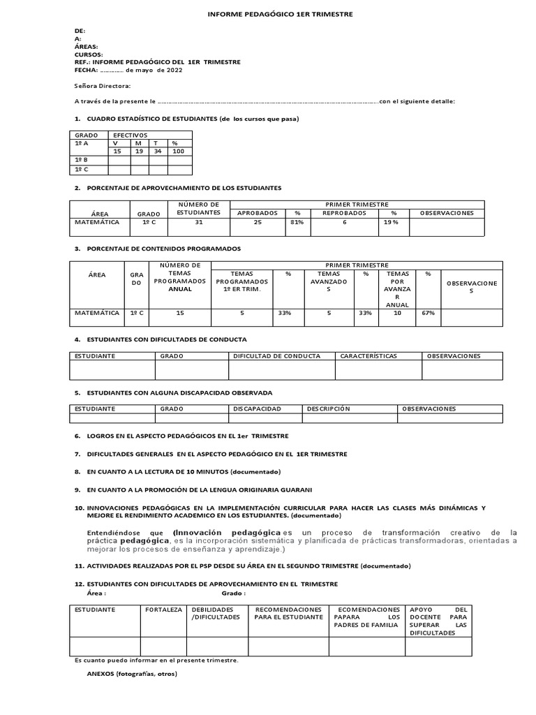 Informe Pedagógico Primer Trimestre 2024 | PDF | Enseñando | Aprendizaje