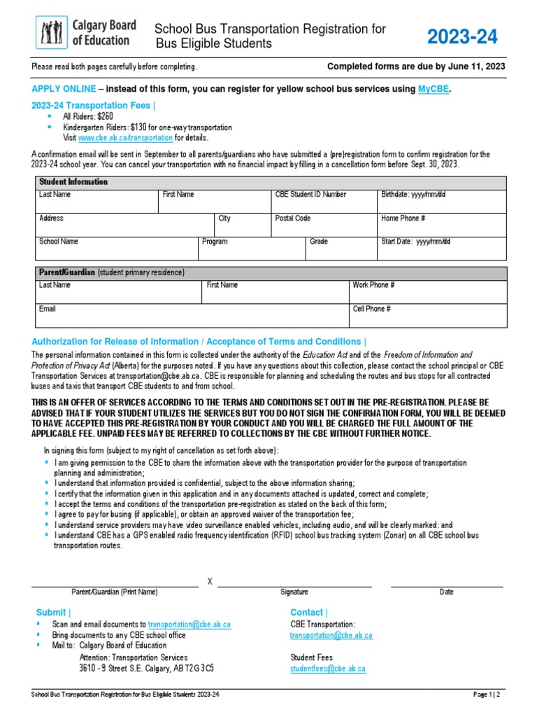 School Bus Transportation Registration For Bus Eligible Students PDF