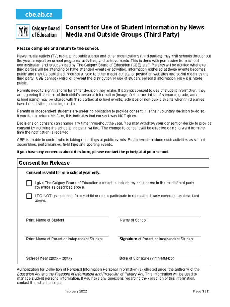 Consent For Use of Student Information by News Media and Outside Groups